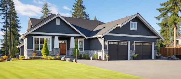 Attractive new house with three car garage green grass and sunny blue sky