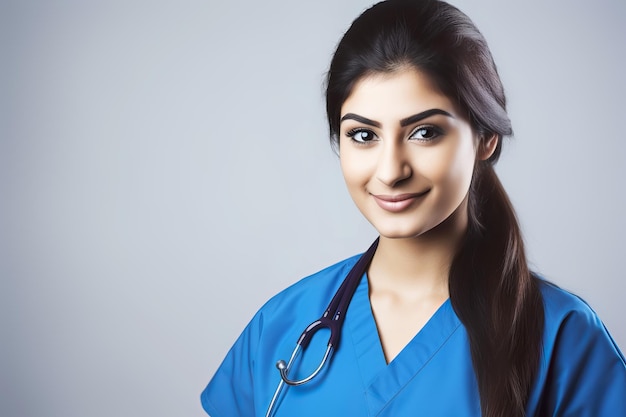 Attractive nurse or doctor in blue uniform Generative AI illustration