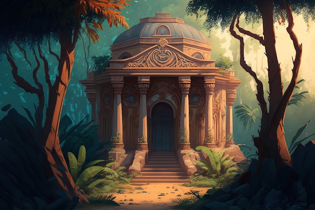 An attractive old temple in the bush is shown in this concept artwork