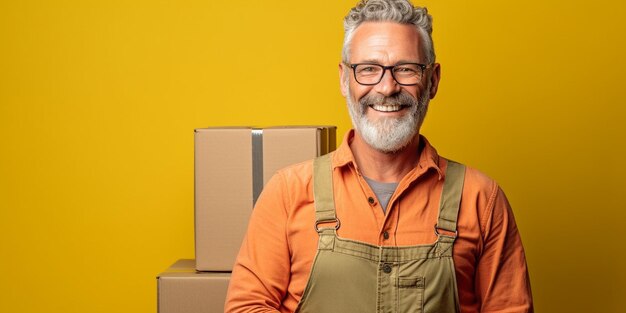 Attractive older man with a moving box set against a vibrant yellow background