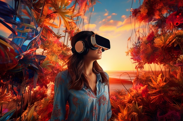 An attractive person wearing virtual reality headset exploring nature with digital adds