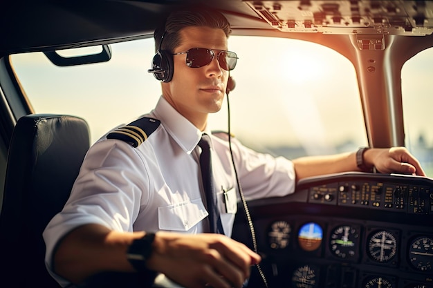 Foto attraente pilota mostra le precauzioni di sicurezza sull'aereo foto di marketing