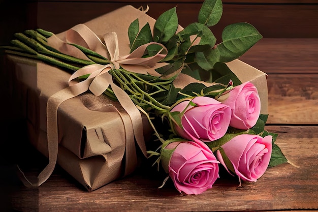 Attractive Pink roses and gift wrapped in recycled paper on rustic wood table realistic Generative Ai