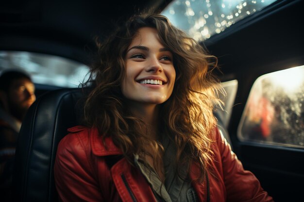 Photo attractive portrait lady smiling driving in car image of young women