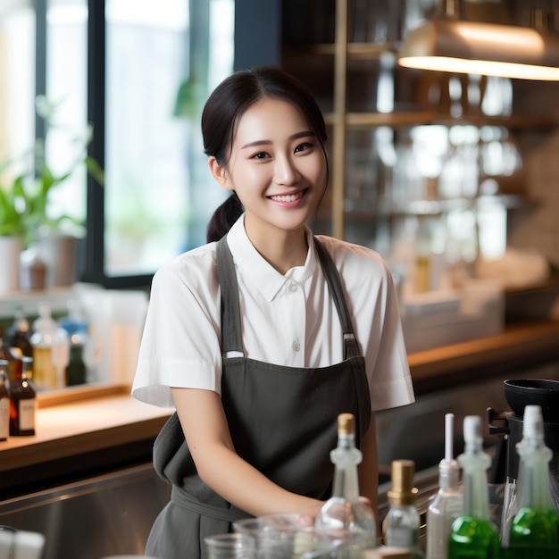 유니폼을 입은 매력적인 긍정적인 젊은 아시아 여성 직원