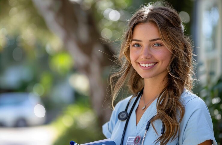 An attractive and professional female doctor in a uniform holding a medical record in outdoor