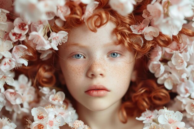 привлекательная рыжеволосая девочка-модель, символизирующая весну с цветущими цветами