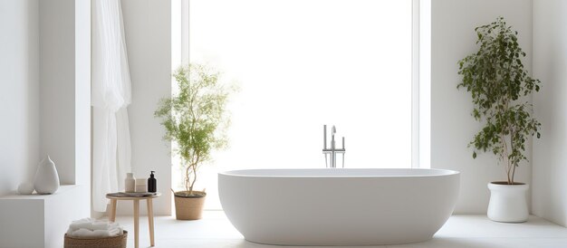 Photo attractive restroom featuring large tub and bright walls