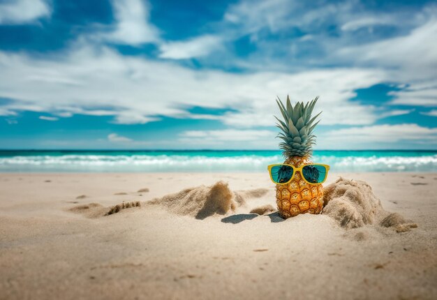 Attractive ripe pineapple and sun glasses on sand against turquoise water Generative AI