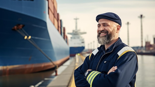 Attractive sailor near big ship in port