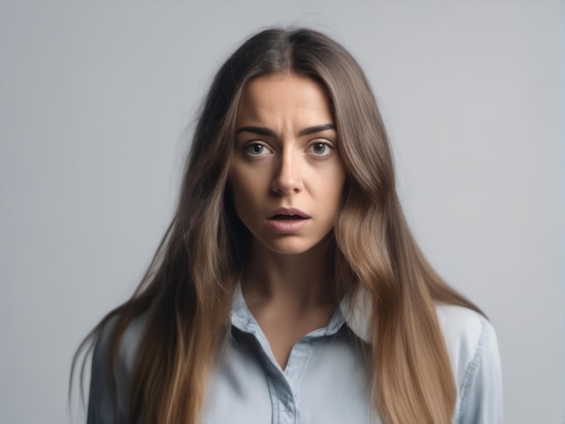 Attractive shocked and scared young woman standing isolated over white background