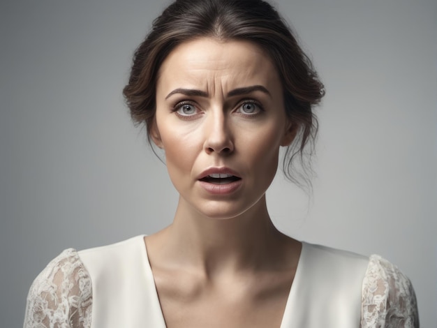 Attractive shocked and scared young woman standing isolated over white background