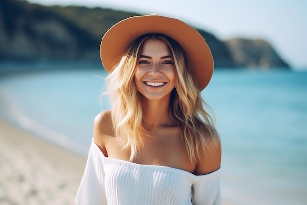 夏のスタイルでビーチで魅力的なスリムな笑顔の女性 心配なしで幸せな自由の気持ち