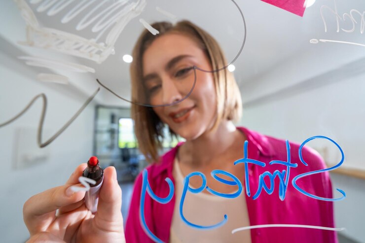 Photo attractive smart businesswoman brainstorms idea by using mind map immaculate