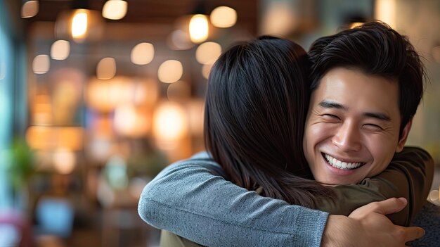 Photo attractive smiling asian man hugging woman indoors in the office