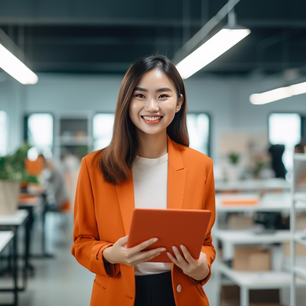 Attractive smiling asian woman entrepreneur standing with tablet