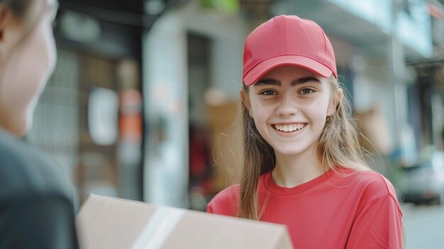 Foto una consegnatrice attraente e sorridente che manda una scatola al cliente.