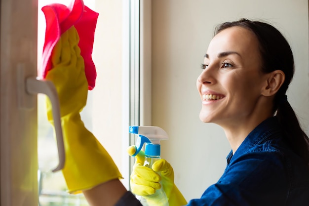 Attractive smiling Woman Washing the Window with spray and rag