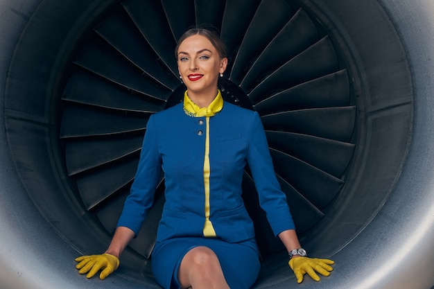 Foto attraente donna elegante in un'uniforme aerea seduta in un motore turbofan
