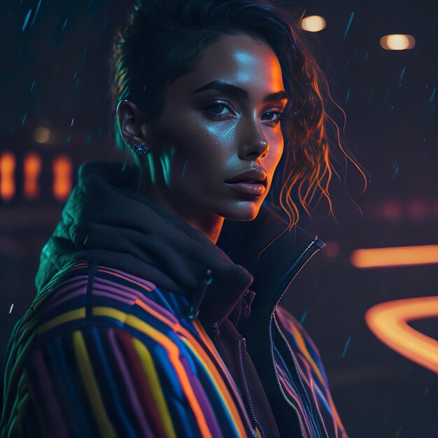 Premium AI Image  Attractive stylish woman in neon jacket in the desert