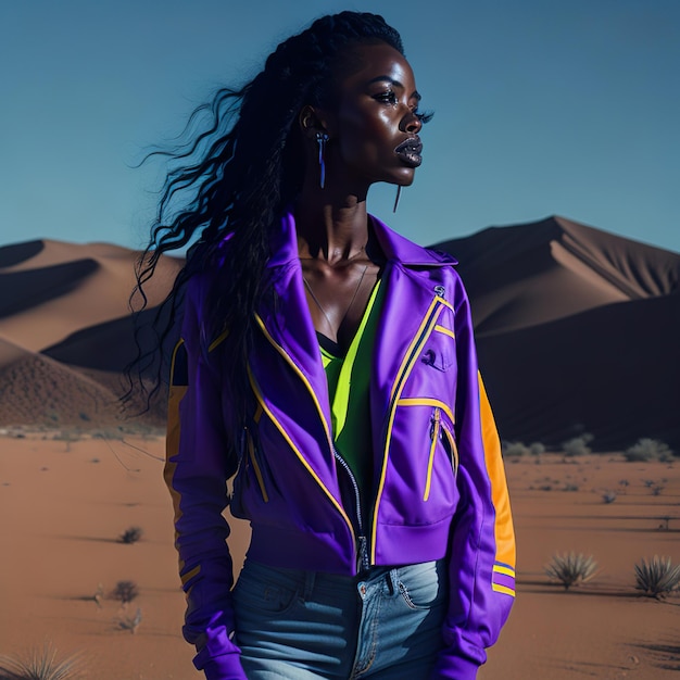 Premium AI Image  Attractive stylish woman in neon jacket in the desert