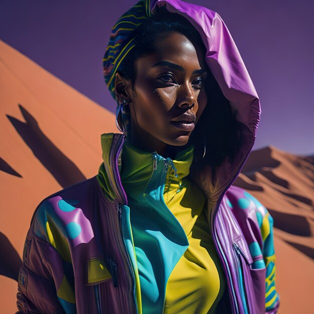 Attractive stylish woman in neon jacket in the desert