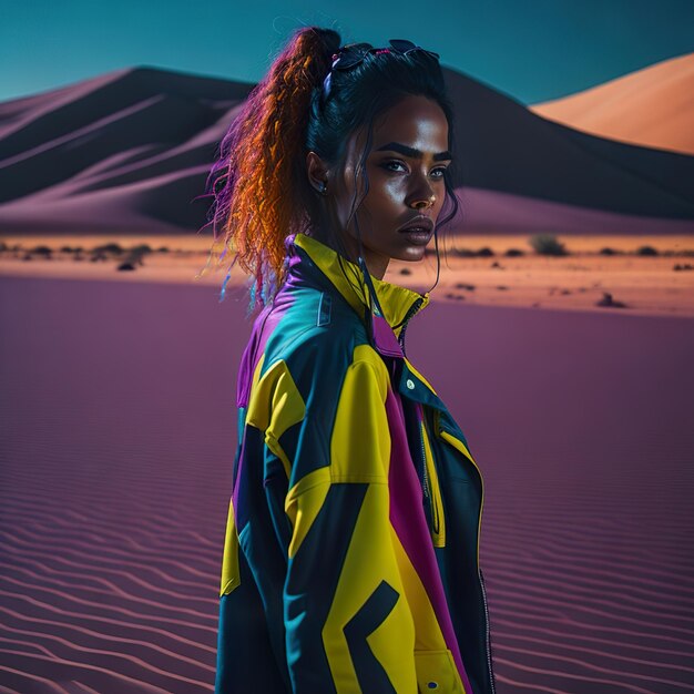 Foto attraente donna elegante in giacca al neon nel deserto