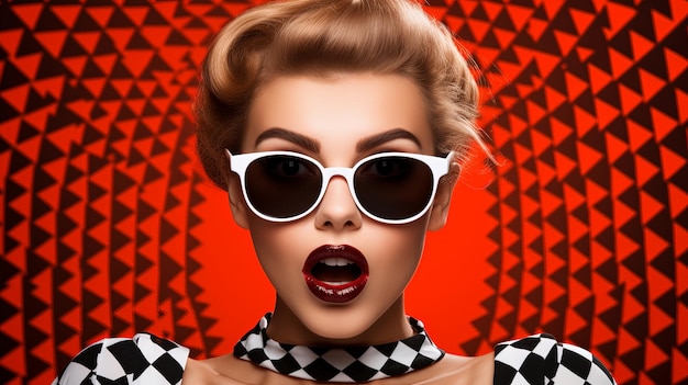 Attractive surprised young woman wearing sunglasses on checkered background beauty and fashion concept