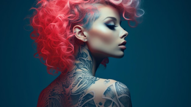 Attractive tattooed model against backdrop alternative beauty concept