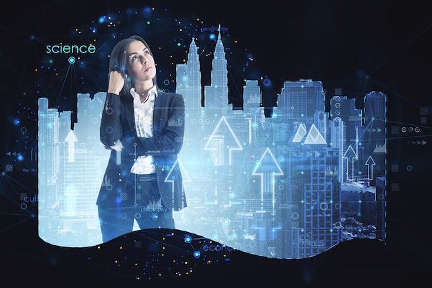 Attractive thoughtful young european businesswoman with abstract city hologram arrows and business chart Smart city and future concept Double exposure