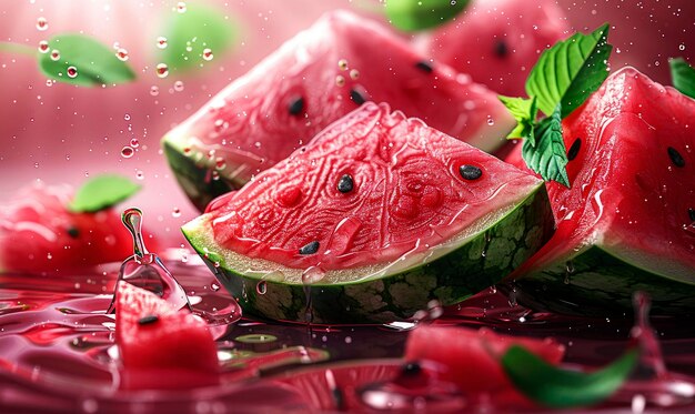 Photo attractive watermelon poster with watermelon slices watermelon leaves