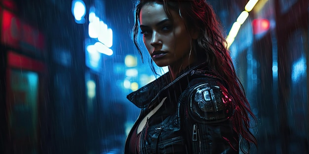 Attractive woman in battle equipment on dark alley with neon lights in the rain cyberpunk portrait