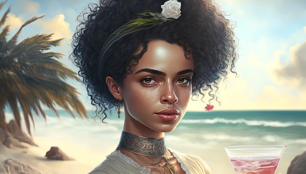 Attractive woman on the beach with tropical cocktailGenerative AI