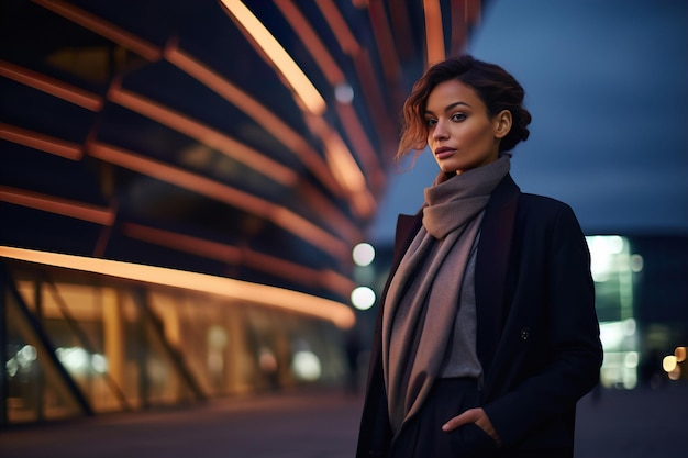 An attractive woman in casual wear walks on evening city street