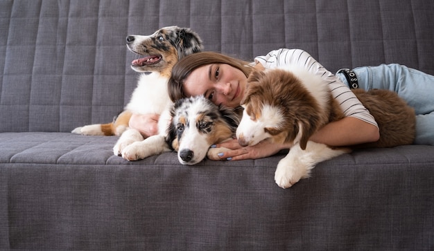 attractive woman embracing three merle colours australian shepherd puppy dog