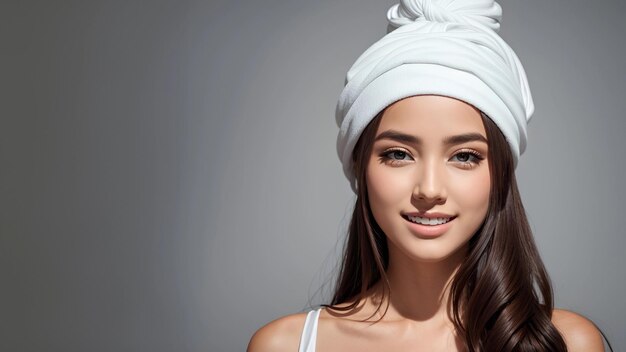 attractive woman face in towel on white background