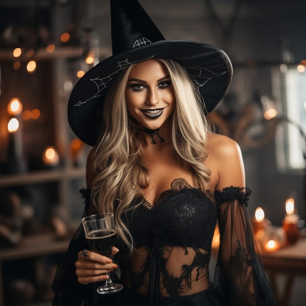 ハロウィーンを祝うゴシックドレスショーの魅力的な女性