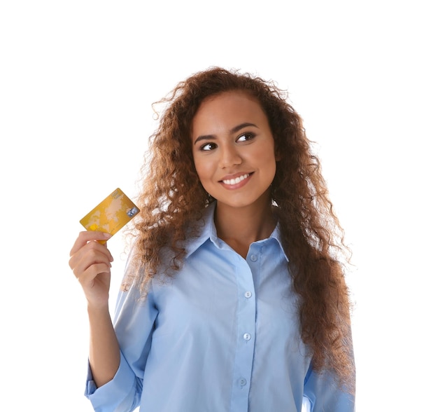 Photo attractive woman holding credit card on white background