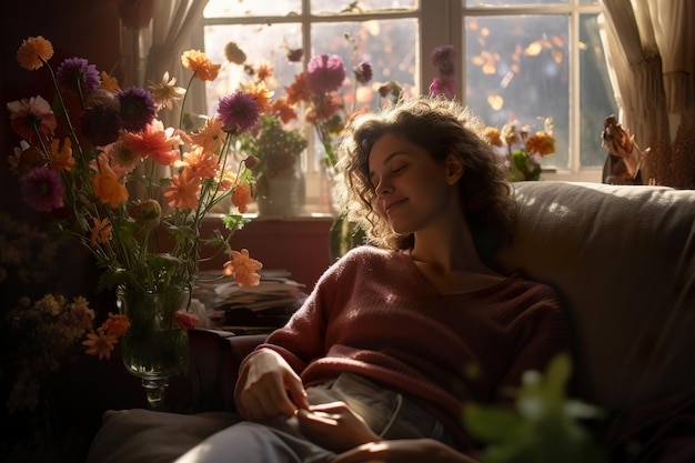 写真 魅力的な女性は,秋の花の花束で居心地の良いインテリアでソファで冷やしています