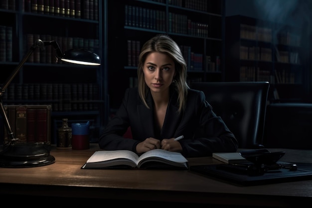 Attractive woman lawyer in business suit writing a law article in book office i