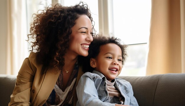 Photo attractive woman and little girl sitting on comfortable couch at home young mother talking