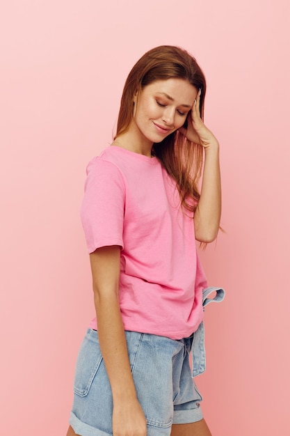 Attractive woman long hairstyle in pink tshirts Lifestyle unaltered