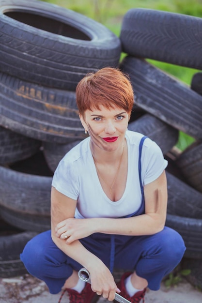 attractive woman mechanic in overalls holding wrench