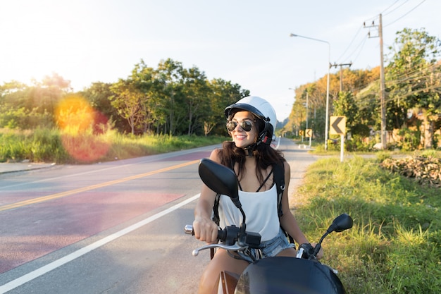 Attractive Woman On Motorcycle Wear Helemt On Countryside Road Pretty Woman Motorcyclist Travel On M