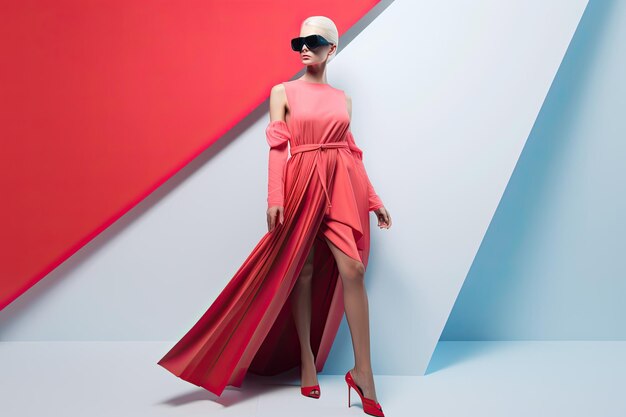 Attractive woman in red and blue outfit ruby color clothes website landing fashion design copy space