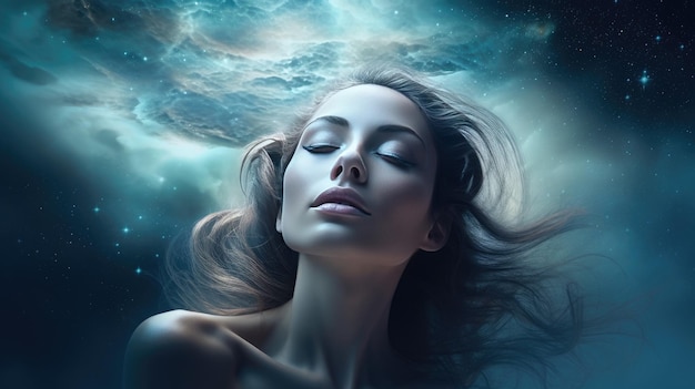 Attractive woman s face against a celestial backdrop