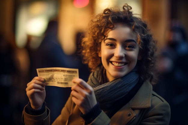 Attractive woman showing movie ticket at party at night