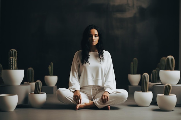 Photo attractive woman sitting on floor near pots with cactus