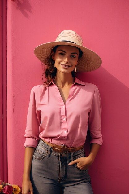 분홍색 밝은 배경에 분홍색 셔츠를 입은 모자를 입은 매력적인 여성 거리 모델