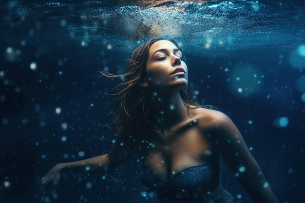 Привлекательная женщина плавает глубоко под водой.